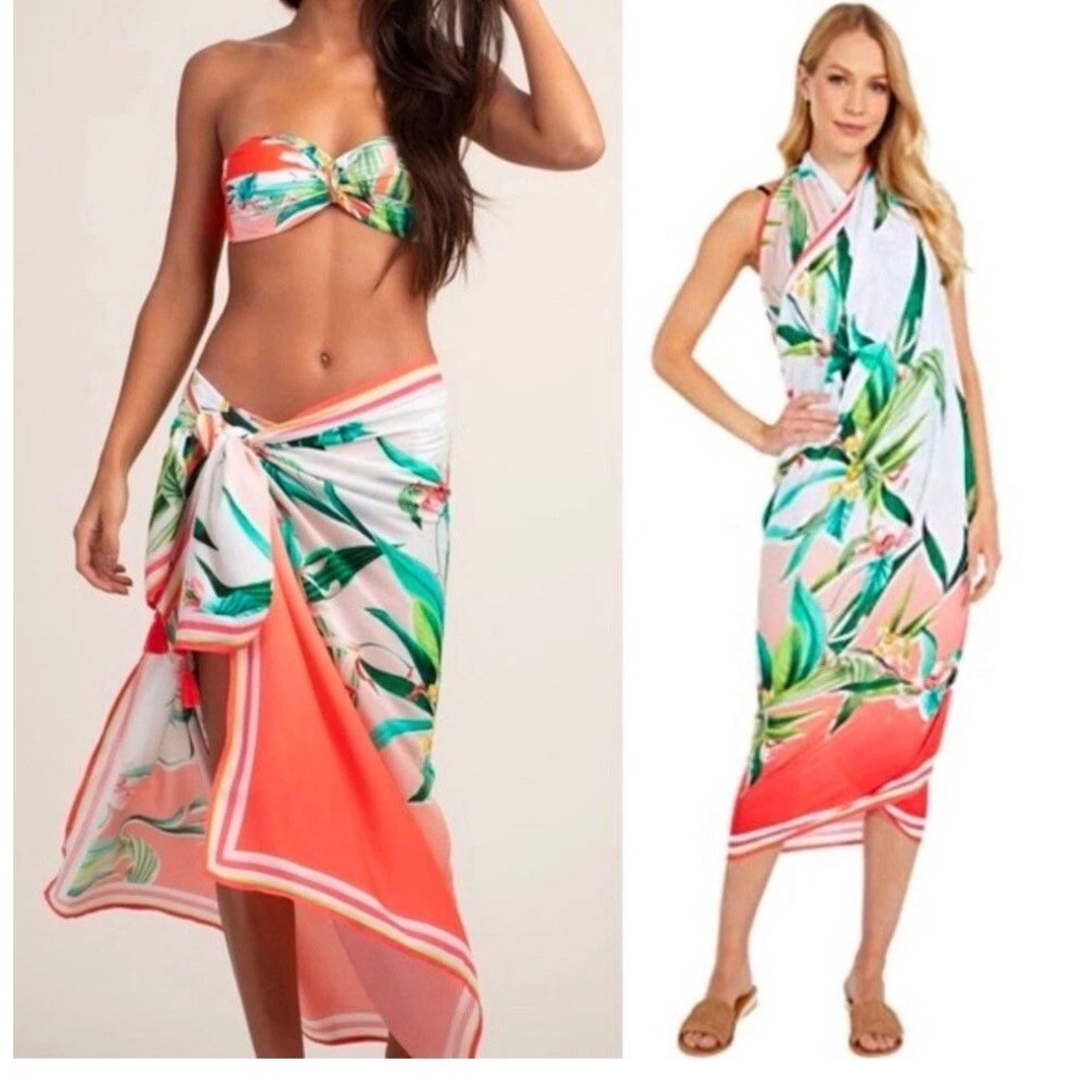 Trina Turk Tropical Floral Sarong Wrap Cover Up Tassel Multicolor TT0NG47 NEW